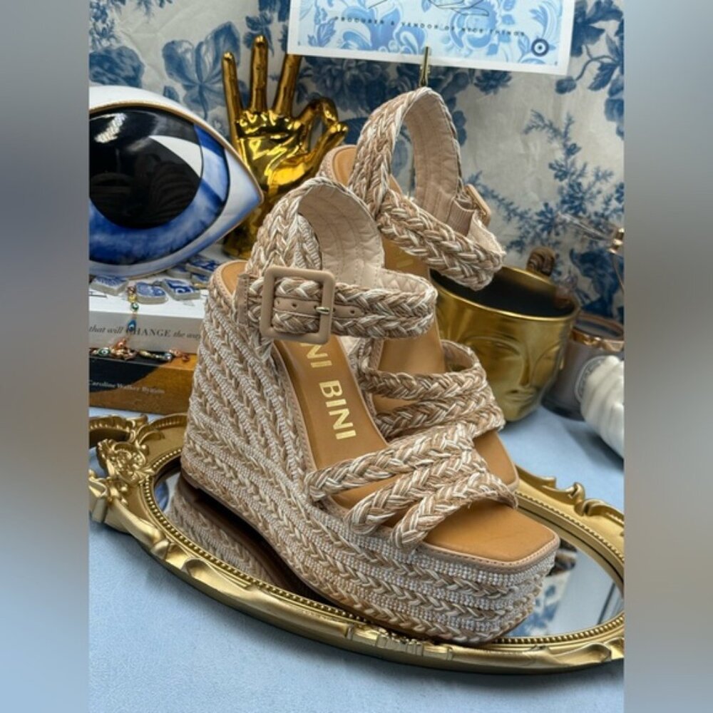🆕 GIANNI BINI 🧿 NWOB Santi Woven Beaded Wedge Sandal - Neutral Woven Sz US 7.5 - Picture 6 of 14